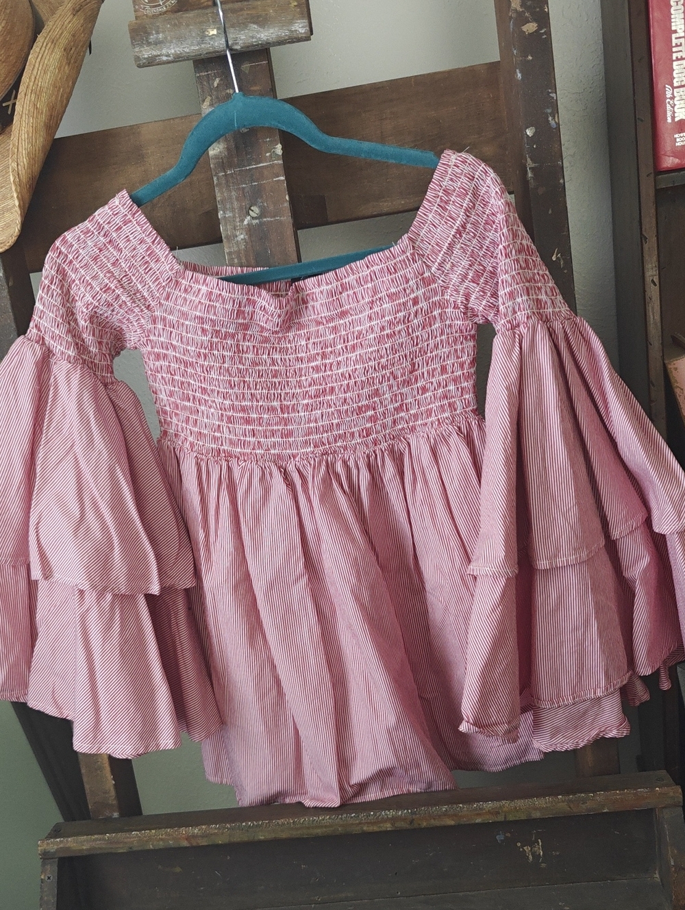 Smocked Off-Shoulder Red Tiered Bell Sleeve Top